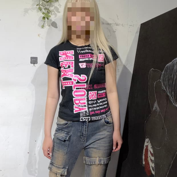JPN 일본 빈티지 갸루 딱붙핏 펑크 반팔 티셔츠 S