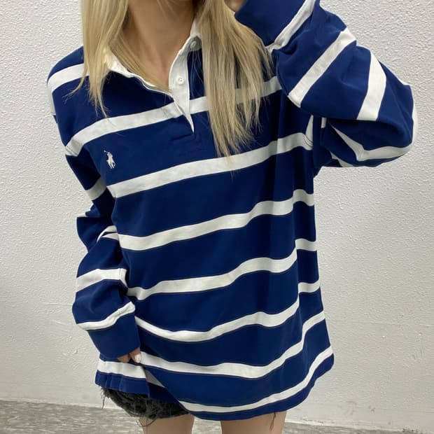 폴로 랄프로렌 화이트포니 네이비 단가라 pk 긴팔티 XL