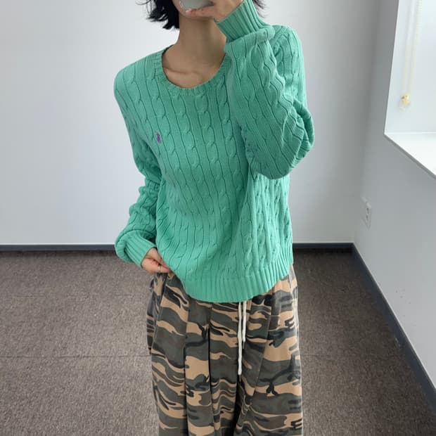 Polo 폴로 핑크포니 그린 케이블 니트