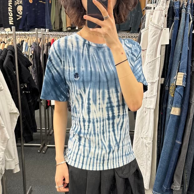 OS)Japanese vintage 화이트 블루 타이다이 패턴 반팔