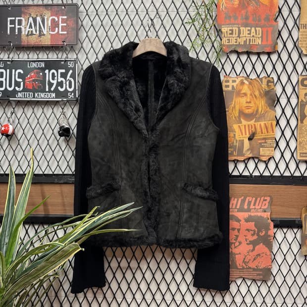 00s JPN VINTAGE 스웨이드 퍼트리밍 니트 자켓 블랙