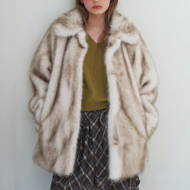 (새상품) 하우스오브폰드 퍼자켓 클래식 퍼하프코트 믹스베이지