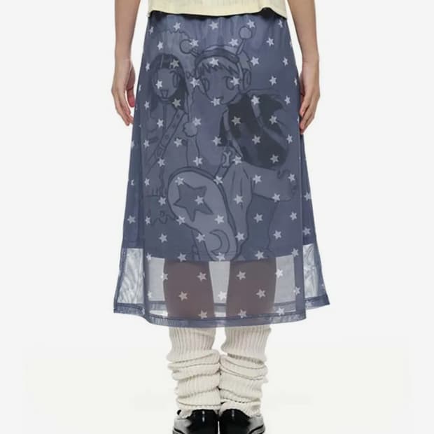 유쓰배쓰 Oliwa Star Print Mesh Graphic Skirt