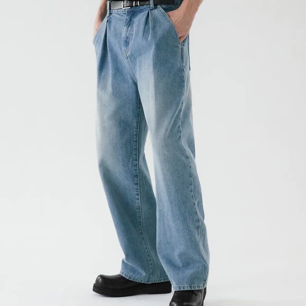 트릴리온 옐로우 워싱 리버스 턱 데님 팬츠 (LIGHT BLUE) M