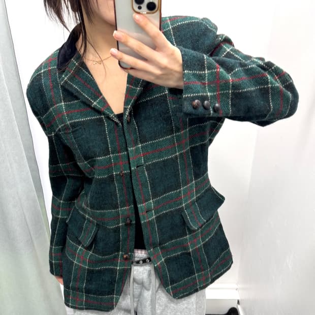 해리스트위드 그린 체크 모자켓