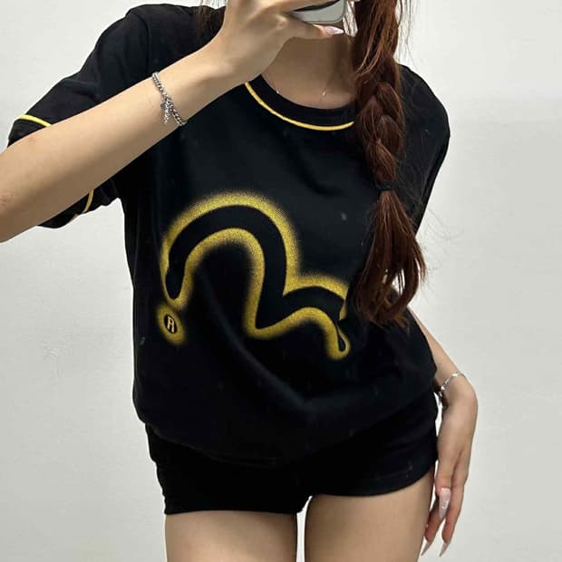 EVISU 에비수 시그니처 로고 블랙 반팔 티셔츠(M)