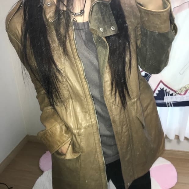 브라운 밀리터리 미디 레더자켓