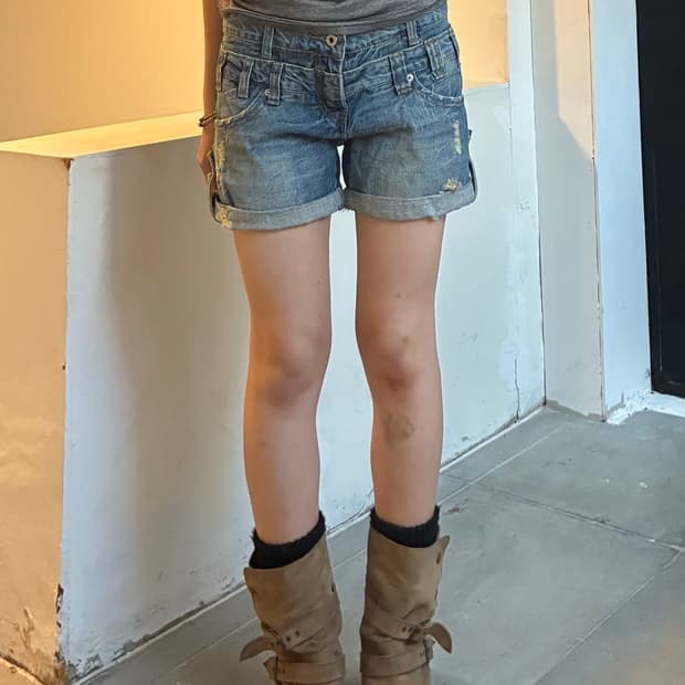 L)MOUTHvalley 빈티지 여성 데미지 레이어드 데님 숏팬츠