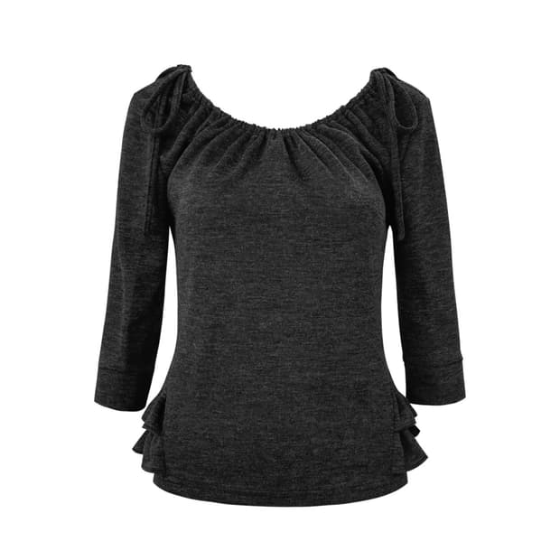 체메씨 SHIRRED MID-SLEEVE FRILL TOP 챠콜