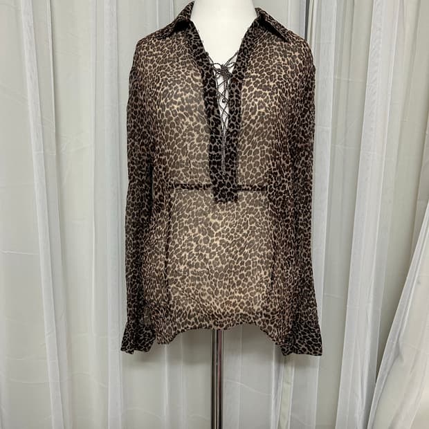 오네가루 레오파드 시스루 섹시 셔츠