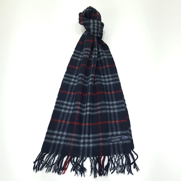 MX490 버버리 00s 영국판 캐시미어 체크 네이비 머플러 목도리