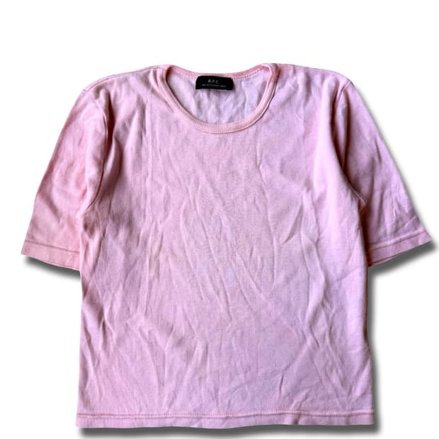 A.P.C. 핑크 골지 라운드넥 반팔 니트 탑