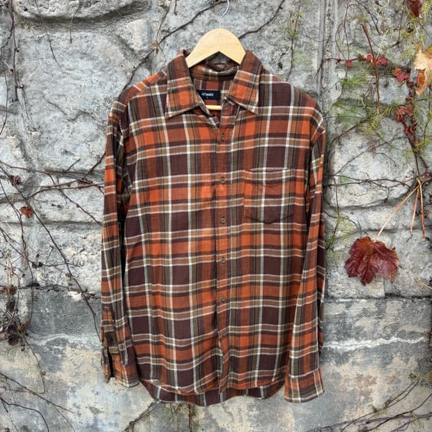 일본 빈티지 체크 패턴 포켓 플란넬 셔츠 오렌지 브라운 L