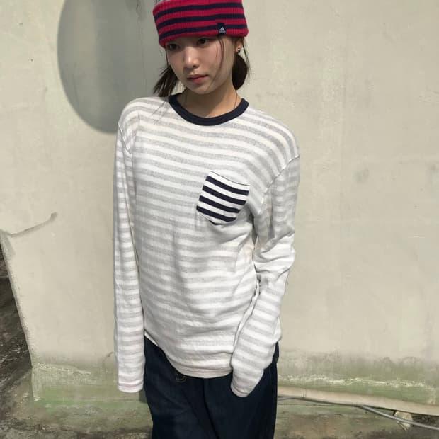 BEAMS HEART 스트라이프 포켓 롱슬리브 티