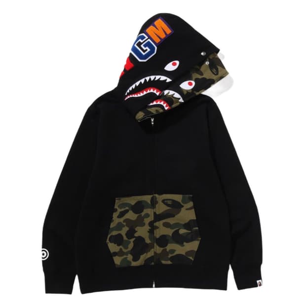 베이프 퍼스트 카모 샤크 풀 집 더블 후드 블랙 S