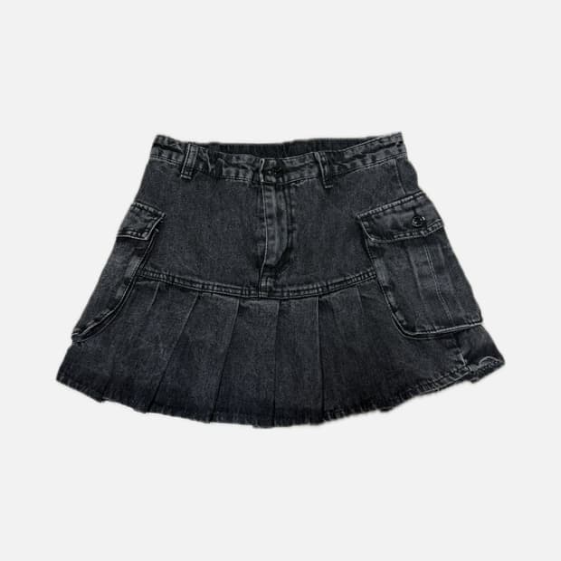 사이드 포켓 흑청 플리츠데님 미니스커트