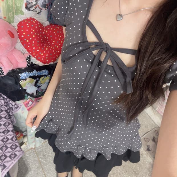 도트 퍼프 프릴 리본 반팔티୨୧ ྀིྀི 