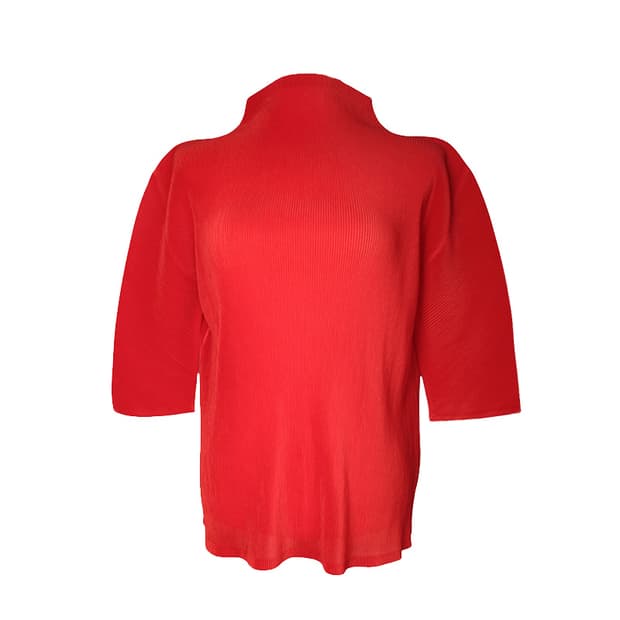 이세이 플리츠플리즈 레드 주름 하이넥 반팔 상의 3