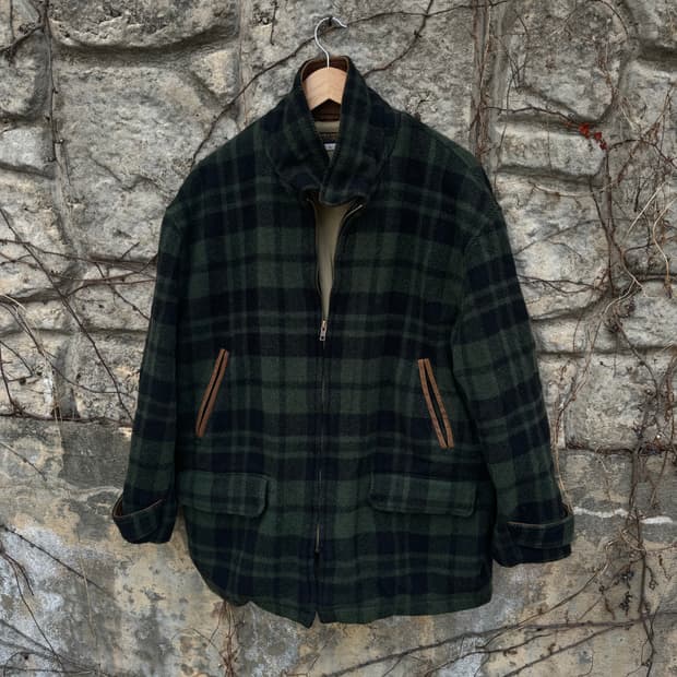 80s 브룩스브라더스 빈티지 타탄체크 레더 코트 자켓
