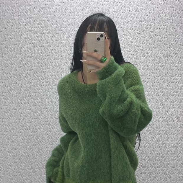 노매뉴얼 폭닥 오버핏 헤어리 올리브그린 니트 M C08416