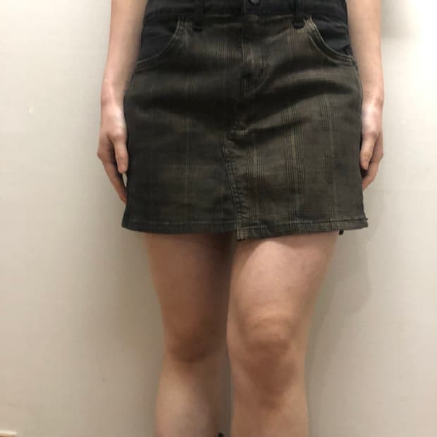 빈티지 브라운 체크 데님 미니 스커트