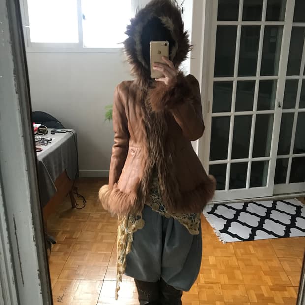vintage leather hood fur jacket