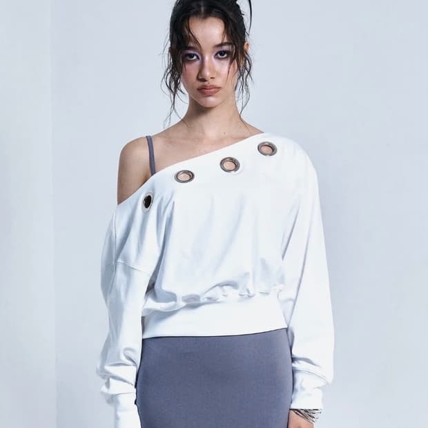 플리즈노팔로우 Kealy Eyelet 오프숄더 롱슬리브 맨투맨 화이트