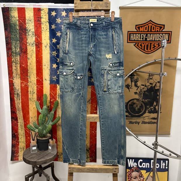 디젤 Y2K 멀티카고 헤비워싱 로우라이즈 데님팬츠 N1043   