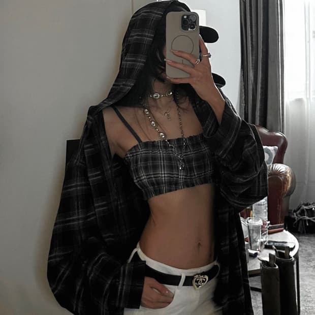 check hood shirts, check top set