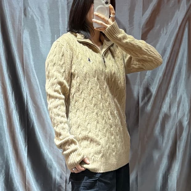 S 폴로랄프로렌 블루포니 베이지 반집업 케이블 니트