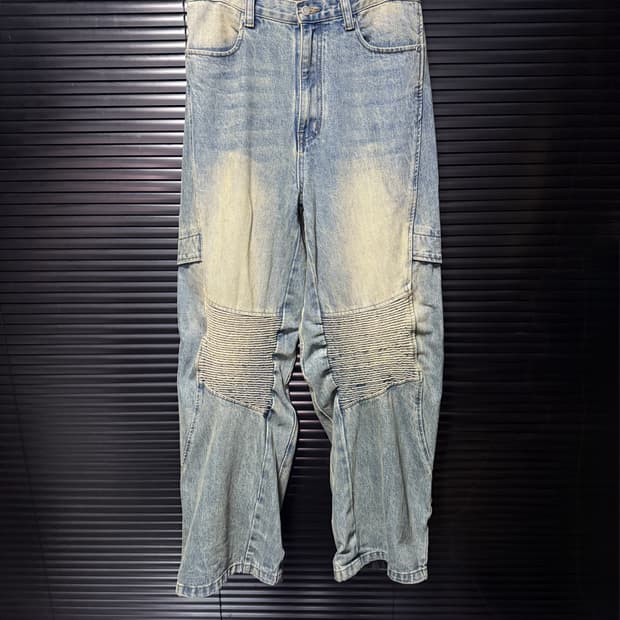 인템포무드 샌드 워싱 데님 바이커 워크 팬츠 커브드 와이드 절개 벌룬 L