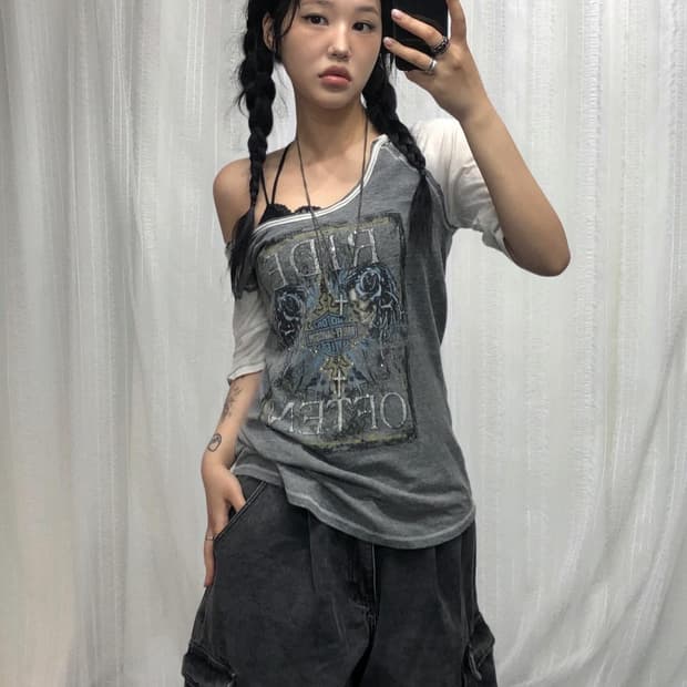 할리데이비슨 그레이 오프숄더 티셔츠