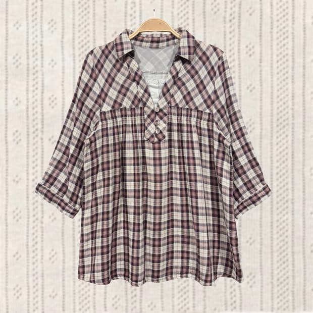 일본 빈티지 모리걸 핑크 베이지 7부 레이어드 체크 셔츠 블라우스