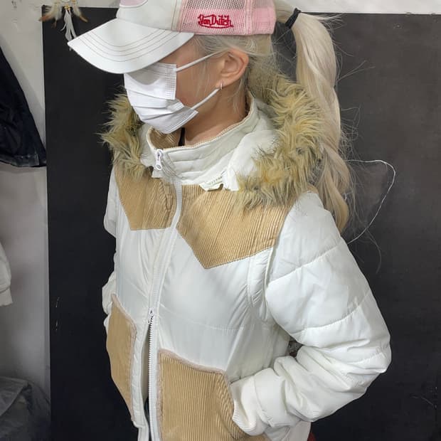 일본빈티지 SpRay 울프죠 후드 투웨이 패딩 화이트 코듀로이 점퍼 M