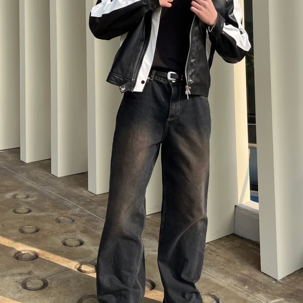 블랙 브라운 샌드 워싱 와이드 데님 팬츠 청바지