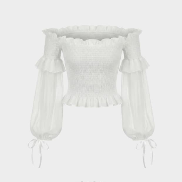 당일배송) 환승연애 현지 착장/ 쉬폰 프릴 스모크 오프숄더 블라우스