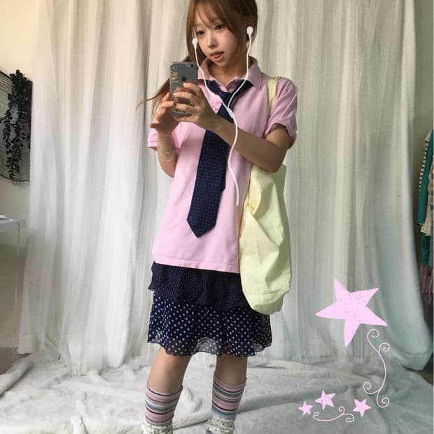 빈티지 핑크 폴로 카라티 네이비 도트 프레피 코디세트