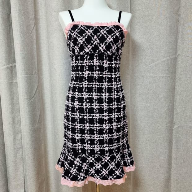 일본브랜드 트위드 슬리브리스 블랙핑크 원피스 오네갸루 (55) 새상품