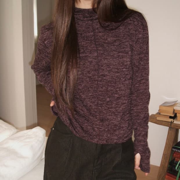 코엘 터틀넥 핸드워머 후드 셔츠 퍼플 슬리브 티