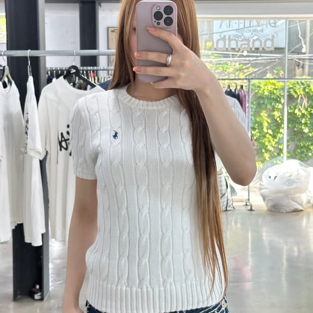 폴로 큐알텍 피마코튼 꽈배기 케이블 반팔니트