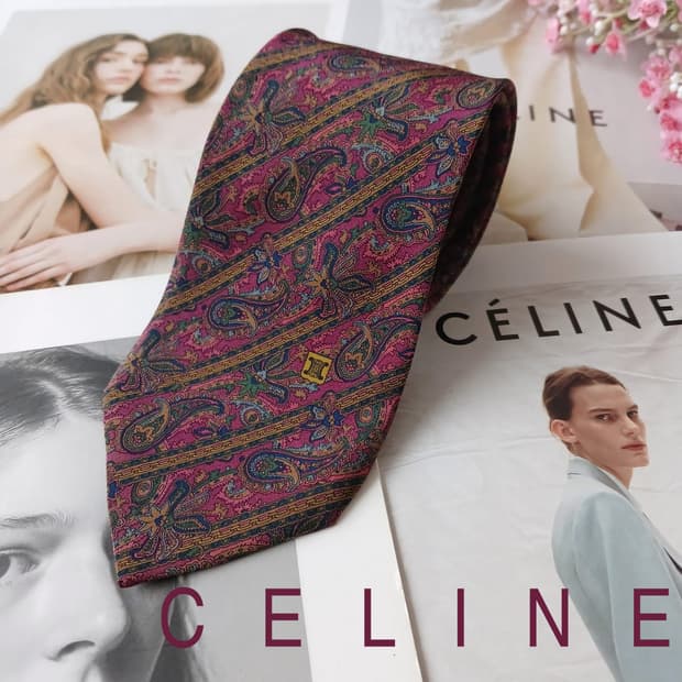 셀린느 실크 퍼플 페이즐리 패턴 넥타이 8cm A등급 A19304
