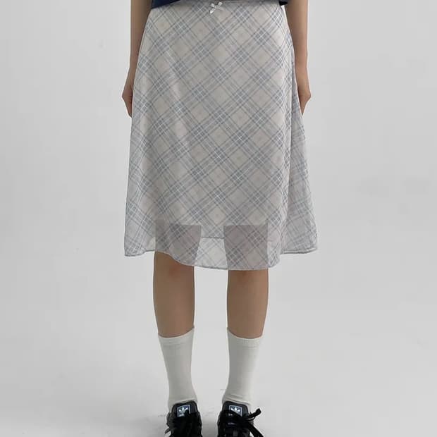 블랙업 셀브런 체크 쉬폰 미디스커트