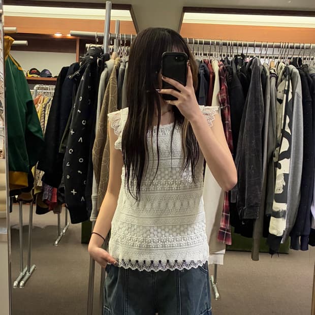 S)Japanese vintage 여성 펀칭 레이스 화이트 나시