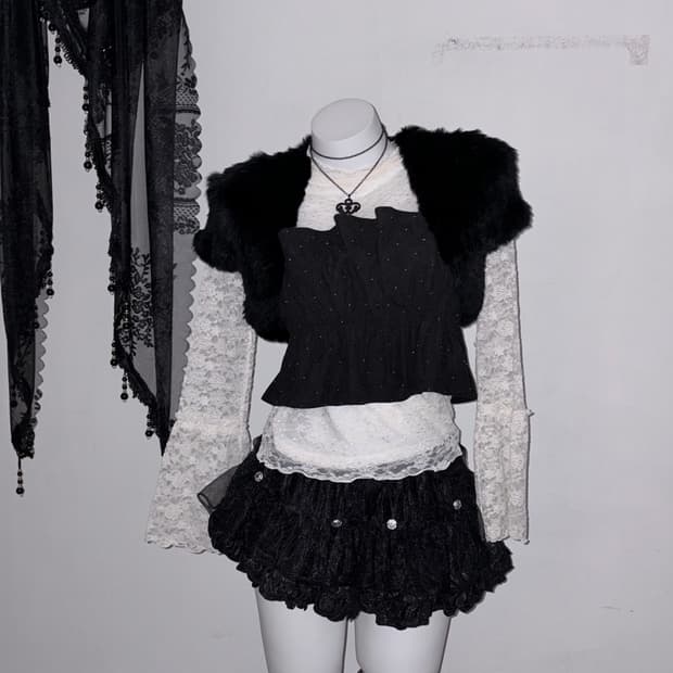 공겜여주 퍼 볼레로 코디세트 다크페어리 고스 고딕 고스로리 블랙 코디