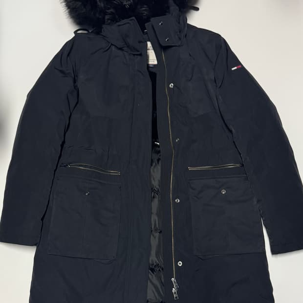 여성 타미힐피거 데님 페이크 퍼 안감 후드 롱패딩 네이비