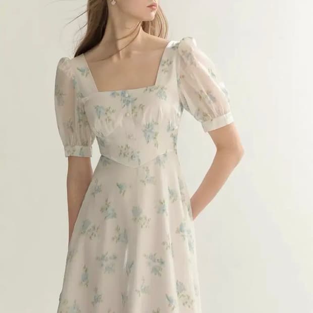 S사이즈) 신스덴 블루 플로랄 글로시 롱원피스 반팔스퀘어넥휴양지여름원피스