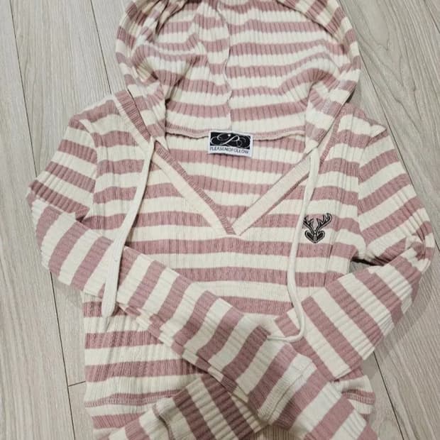 플리즈노팔로우 플노팔 디어 크롭 후디 탑 스트라이프 후드티 핑크