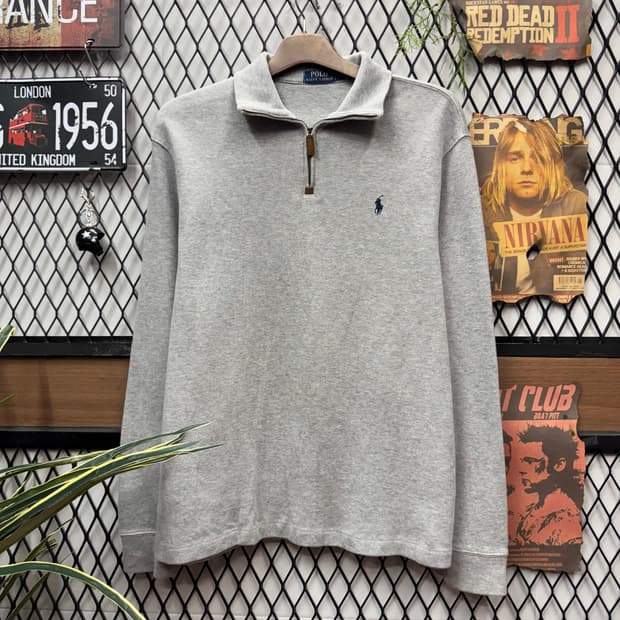 폴로 랄프로렌 반집업 스웻셔츠 네이비 포니 로고 포인트 그레이