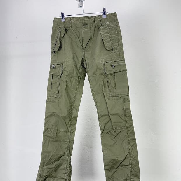 디젤 가먼트 워시드 그린 버튼 플라이 워크 카고 팬츠