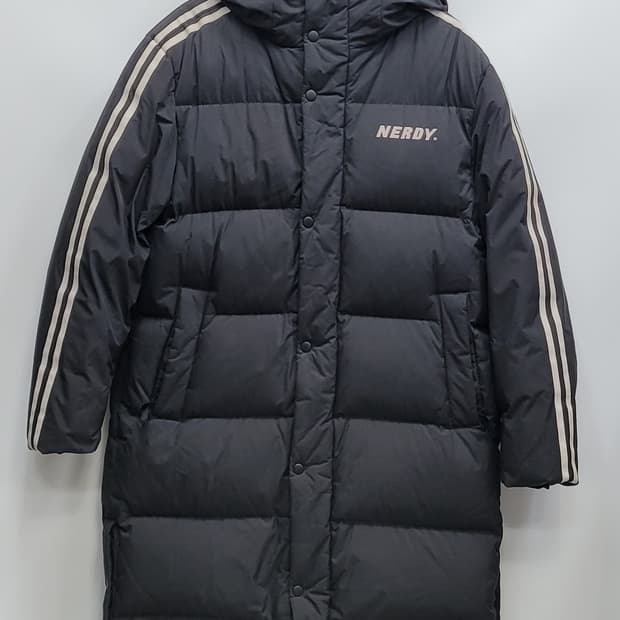 NERDY 널디 백로고 후드 다운 롱 패딩 / S 블랙 (수선)
